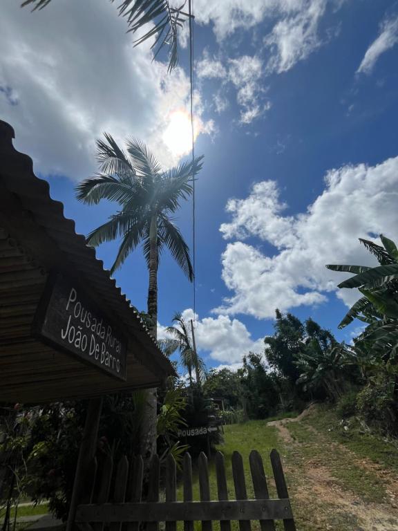 a palm tree in front of a wooden fence at Pousada Rural João De Barro in Capela Ivapurunduva