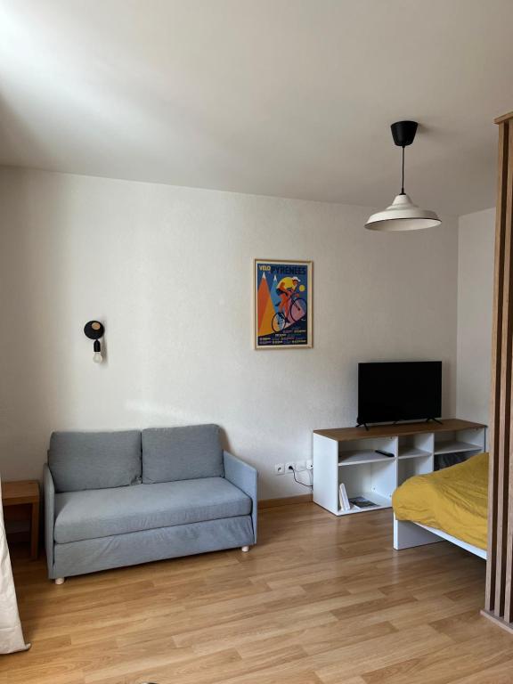 un salon avec un canapé et une télévision dans l'établissement Chez Laure et Guilhem, à Luchon