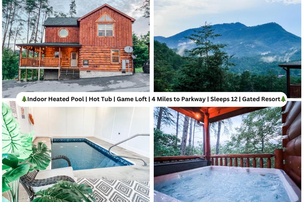 a collage of pictures of a house and a pool at Indoor Heated Pool Hot Tub Cabin in Sevierville