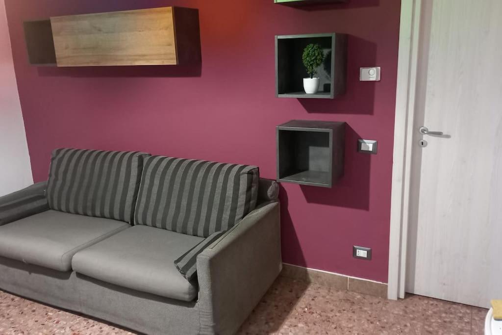 a living room with a couch and a pink wall at Tradate centro -150mt dalla stazione Ferrovie Nord in Tradate