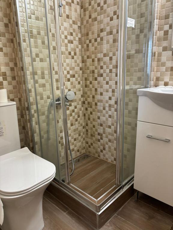 a bathroom with a shower with a toilet and a sink at Christys Palace Hotel in Pedoulas