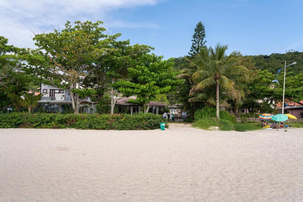 a sandy beach with trees and houses in the background at Floripa Jurerê, pé na areia! Apto 6 in Florianópolis