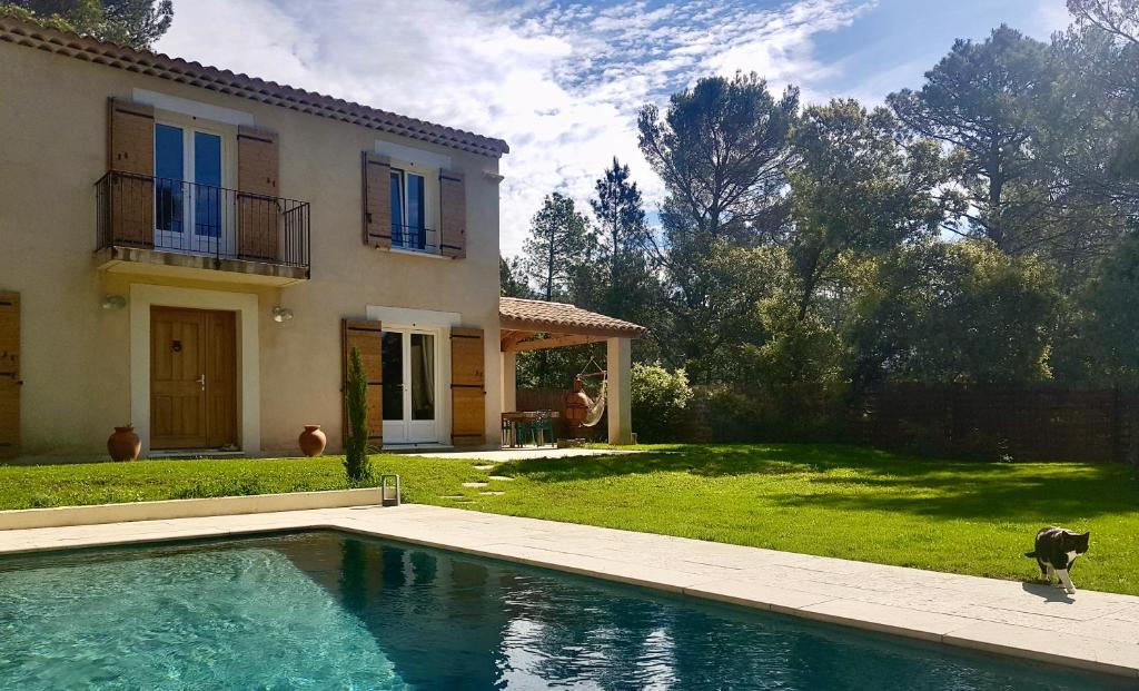 un chien debout à côté d'une piscine en face d'une maison dans l'établissement Ma maison cozy - Jardin - Piscine - 500m du centre, à Bédoin