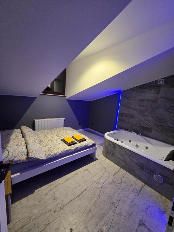 a bedroom with a bed and a bath tub at Apartament w Centrum z Jacuzzi, prywatny parking, klimatyzacja 4 in Radom