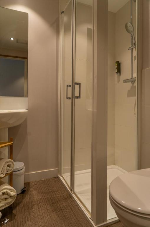 a bathroom with a shower and a toilet at Hotel Le Faranchin in Villar-dʼArène