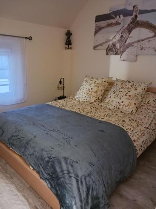 - une chambre avec un lit doté d'une couverture bleue dans l'établissement Centre ville-Rue commerçante, à Vendôme