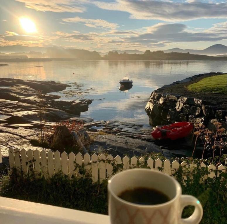 a cup of coffee on a table with a view of a lake at Det lille huset i Slipveien in Bud