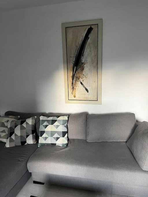 - un canapé dans le salon avec une photo sur le mur dans l'établissement Appartement Hyeres 10 min plage, à Hyères