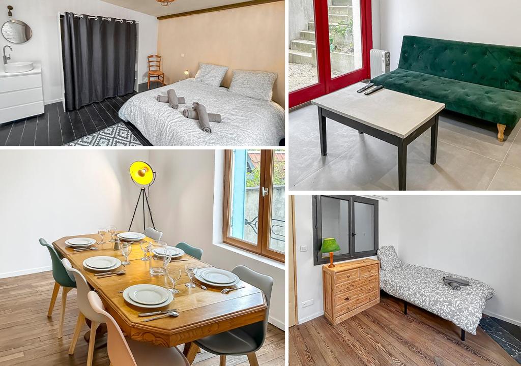 a room with a table and a bed and a dining room at Maison Atypique accès direct Paris, Cuisine design in Bois-Colombes