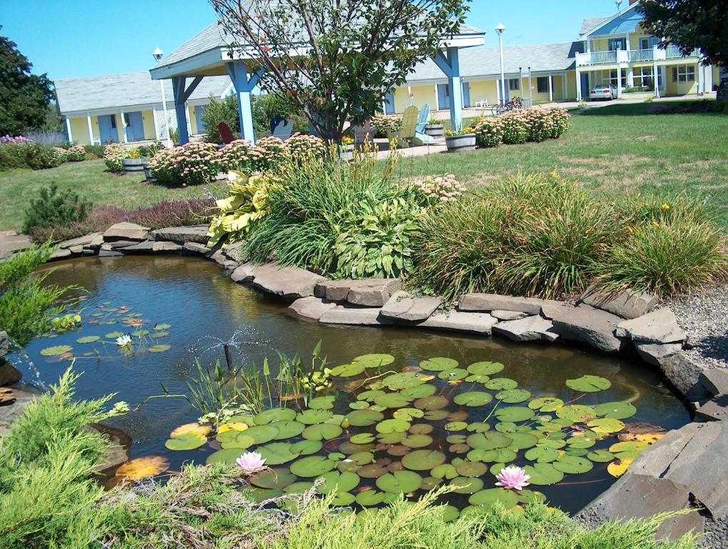 a pond with water lilies in a yard at Annapolis Royal Inn in Annapolis Royal