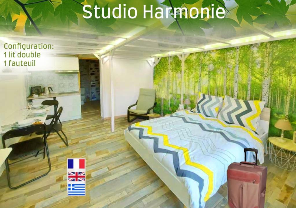 a poster of a bedroom with a bed and a desk at Joli studio avec terrasse, 2km A79, 6km le Pal in Dompierre-sur-Besbre