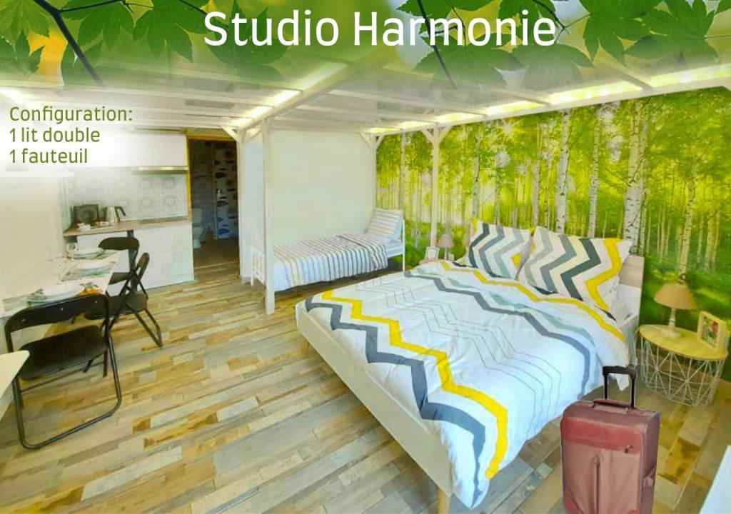 a bedroom with a bed and a desk and a desk at Joli studio avec terrasse, 2km A79, 6km le Pal in Dompierre-sur-Besbre