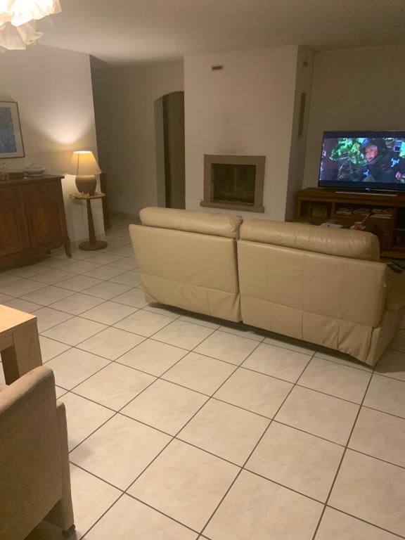 un soggiorno con un divano e una TV di les amandiers a Salses-le-Château