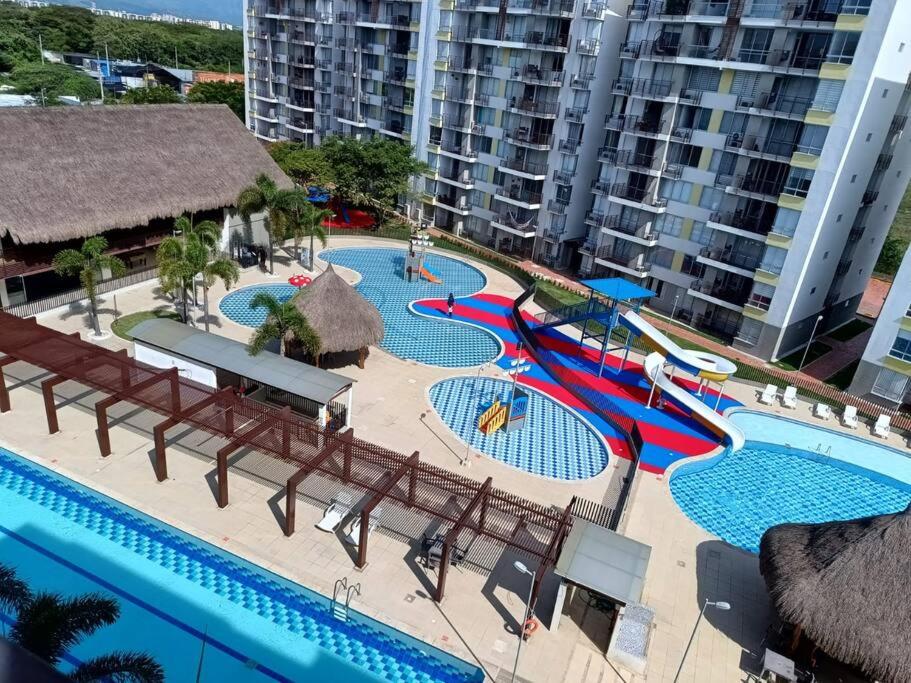 an aerial view of a swimming pool with a water park at Arriendo Apto Peña Azul La Aldea in Ricaurte