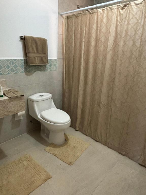 a bathroom with a toilet and a shower curtain at Jardines in San Miguel de Allende