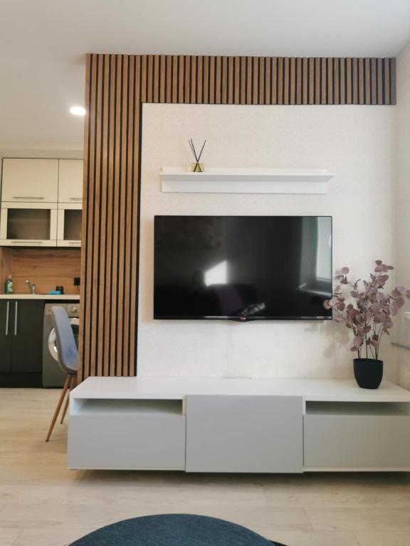 a living room with a large tv on a wall at SK apartament in Plungė