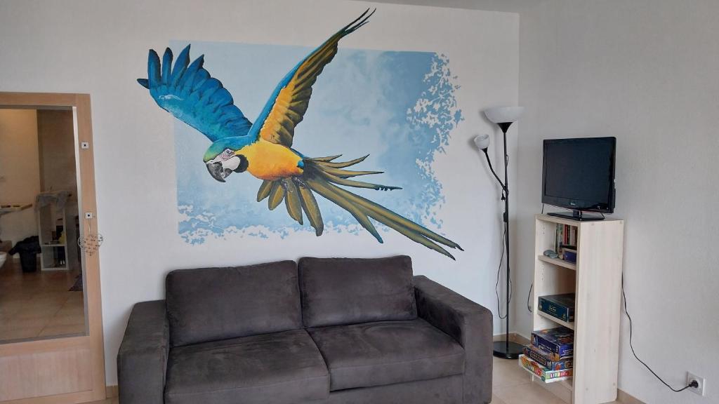 une peinture d'un perroquet accroché à un mur dans l'établissement Chez Twin&Twin, à Santa-Maria-Poggio