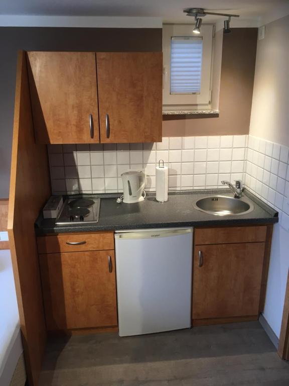 Kuchyň nebo kuchyňský kout v ubytování Hofgut Langenborn Wohnen auf Zeit möblierte Apartments Aschaffenburg Alzenau Frankfurt