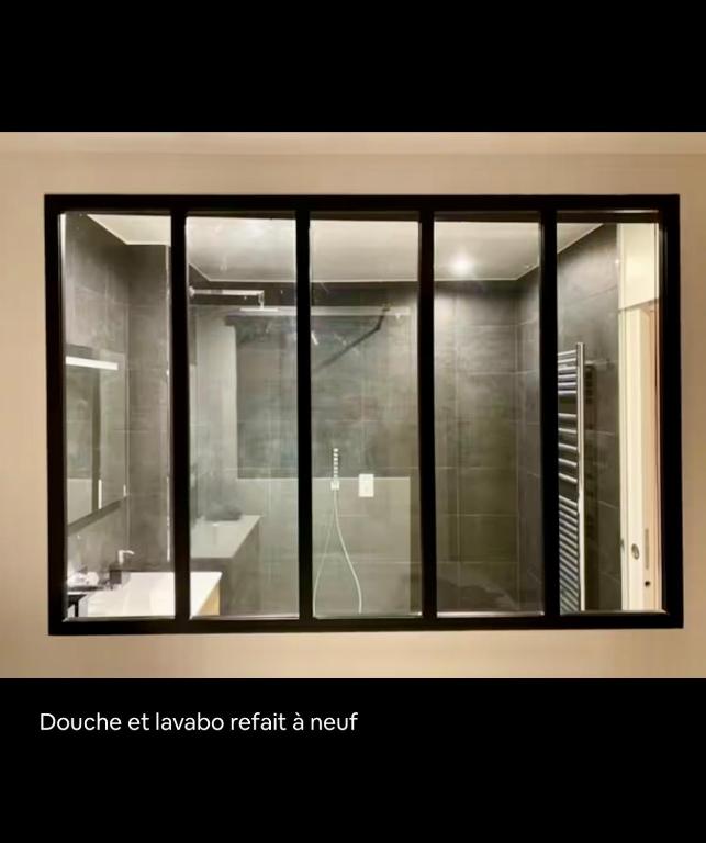 La salle de bains est pourvue d'un lavabo et d'une fenêtre en verre. dans l'établissement Paris Centre, à Paris