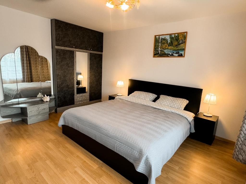 a bedroom with a large bed and a mirror at Apartment Maria in Cēsis