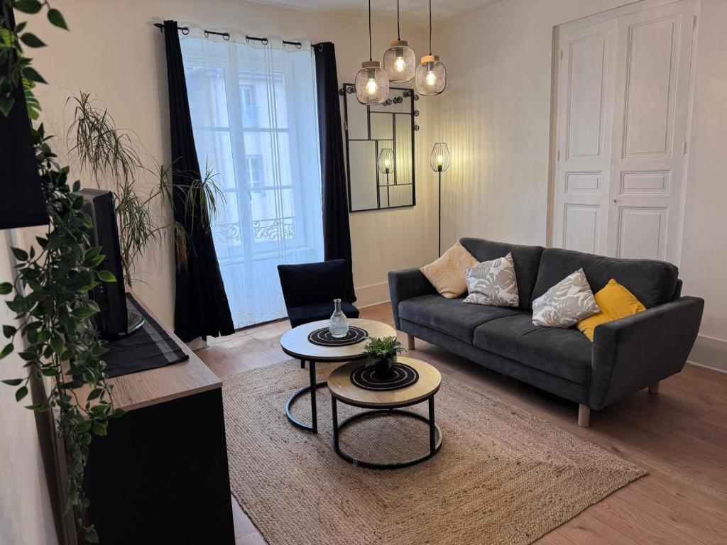 un salon avec un canapé et une table dans l'établissement Le Châtillon T3 Vue sur Saône Centre Mâcon, à Mâcon