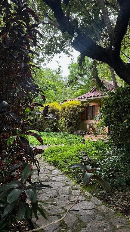 a garden with a path leading to a house at Rustic AC Oasis on Ometepe Island in Santa Cruz