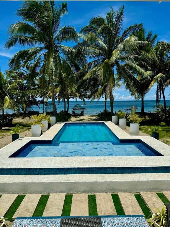 a swimming pool with palm trees and the ocean at South Pearl Villas 