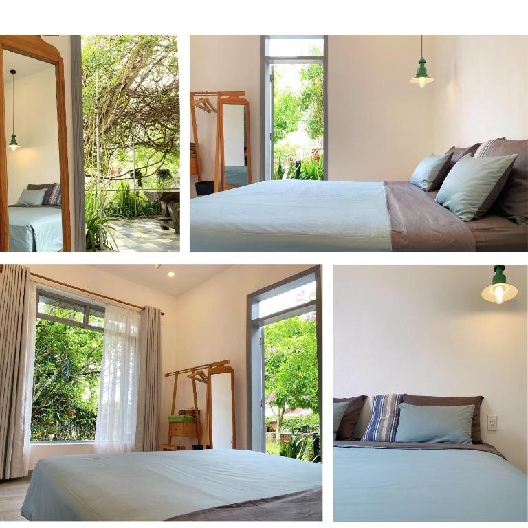 a collage of four pictures of a bedroom at Tia Du Villa Homestay in Da Lat
