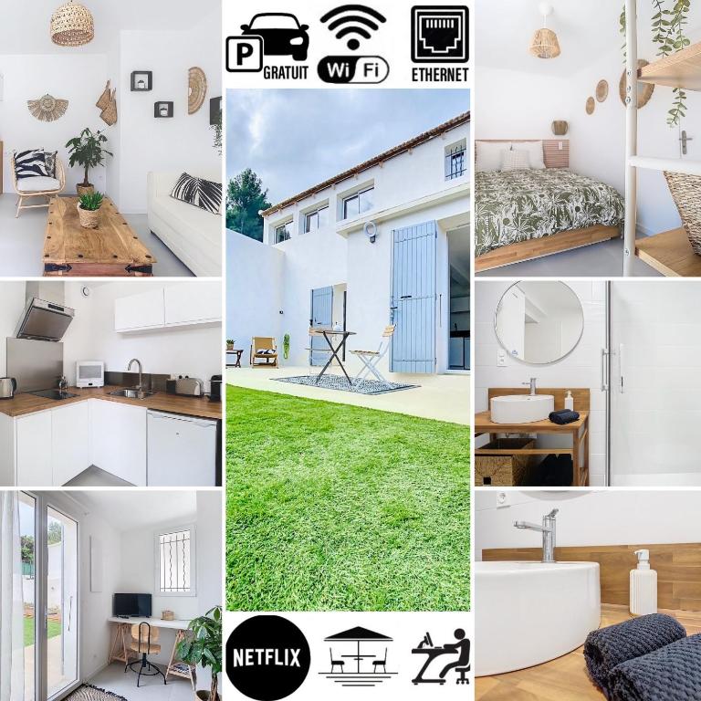 un collage de photos d'une maison dans l'établissement Le Romarin Bas de villa T2 avec jardin et parking au pied de la Forêt, à La Penne-sur-Huveaune