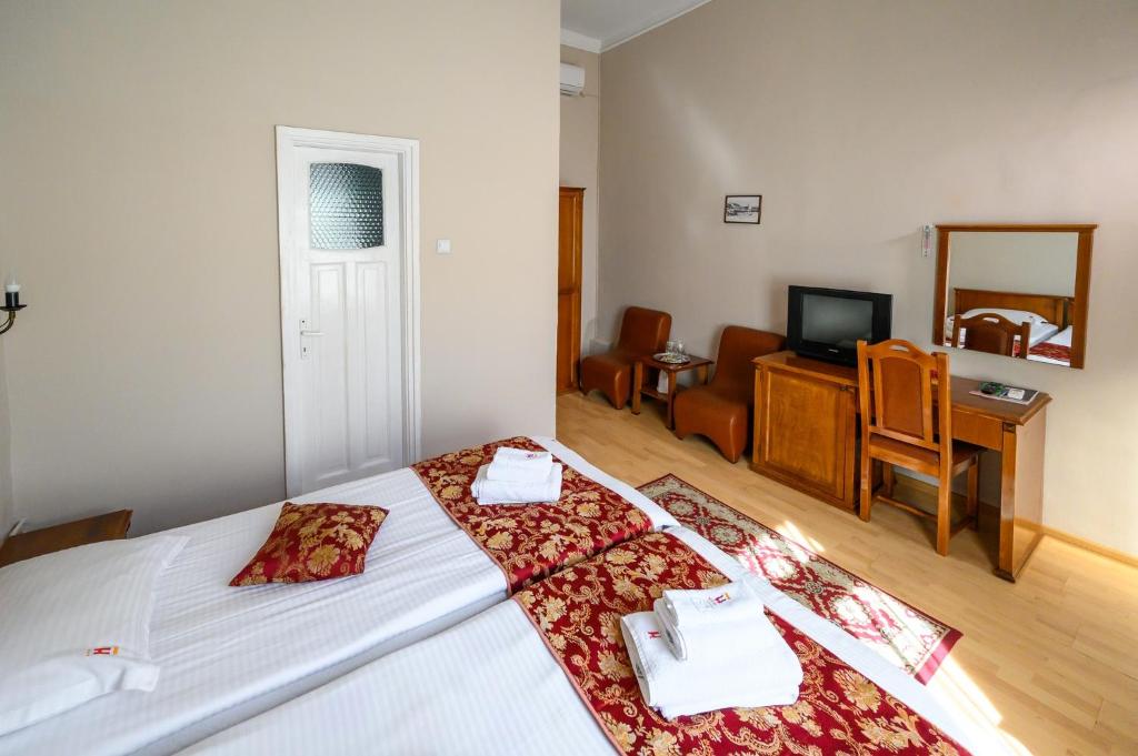 a hotel room with a bed and a television at Hotel Transilvania in Cluj-Napoca
