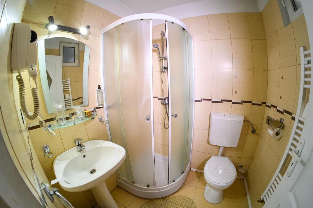 a bathroom with a shower and a sink and a toilet at Hotel Transilvania in Cluj-Napoca