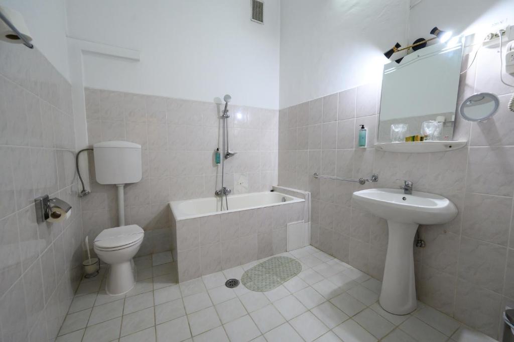 a bathroom with a sink and a toilet and a bath tub at Hotel Transilvania in Cluj-Napoca