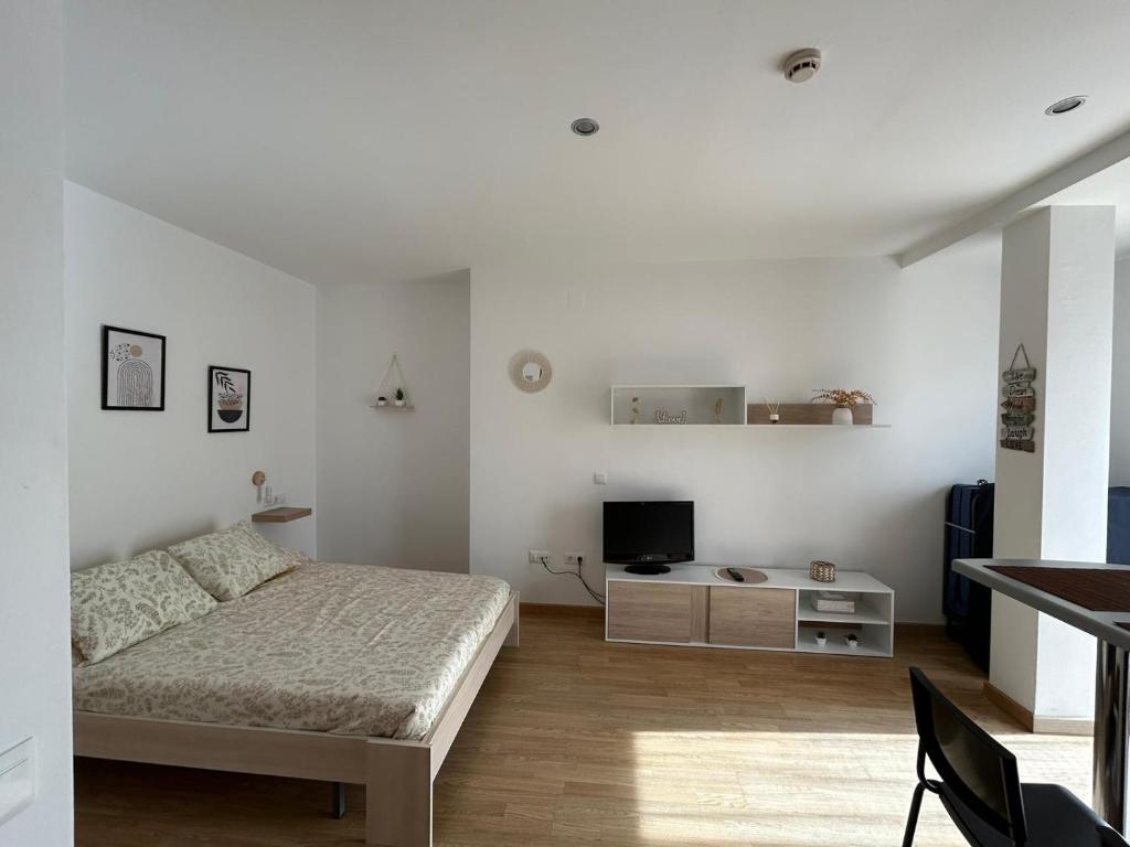 a white bedroom with a bed and a tv at Secretos del Mar in Málaga