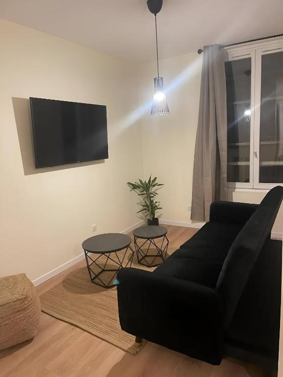 Il comprend un salon doté d'un canapé noir et d'une télévision à écran plat. dans l'établissement Le Charles III : Élégance et Sérénité, à Nancy