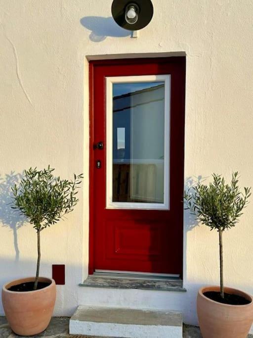 a red door with two potted plants in front of it at Monte de Santa Rita in Évora Monte