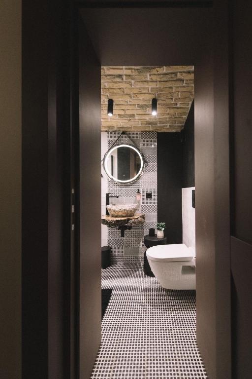 a bathroom with a toilet and a sink and a mirror at Photographer Rudolf's Studio - ground floor with separate entrance in Rīga