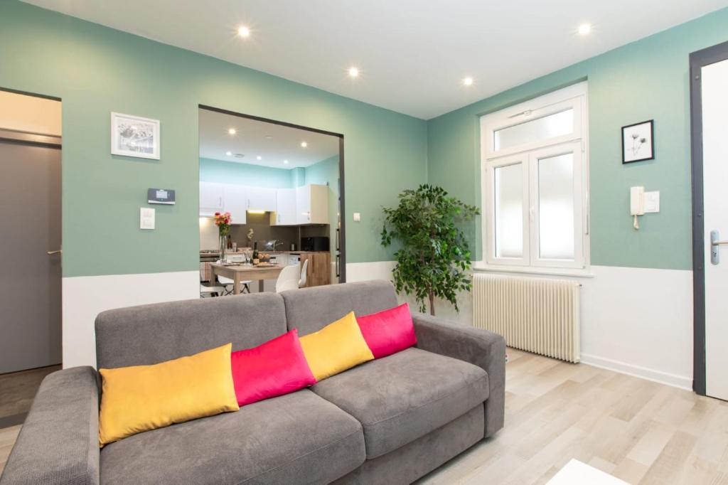 - un salon avec un canapé gris et un oreiller coloré dans l'établissement Evasion St Joseph Odysalis - Lit King Size - Parking - Proche Centre, à Colmar