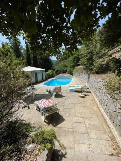 un patio avec un grand parasol bleu et des chaises dans l'établissement Maison calme en pleine nature jusqu'à 10 personnes, à Cabrespine