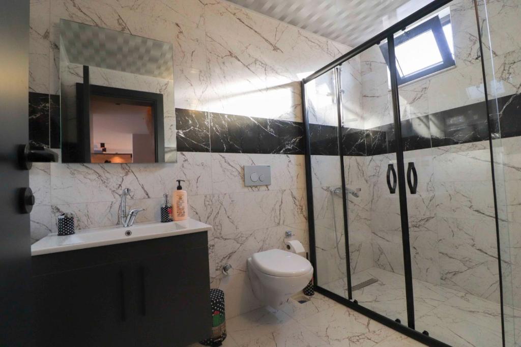 a bathroom with a shower and a toilet and a sink at Adrasan Villa Adrasya in Olympos