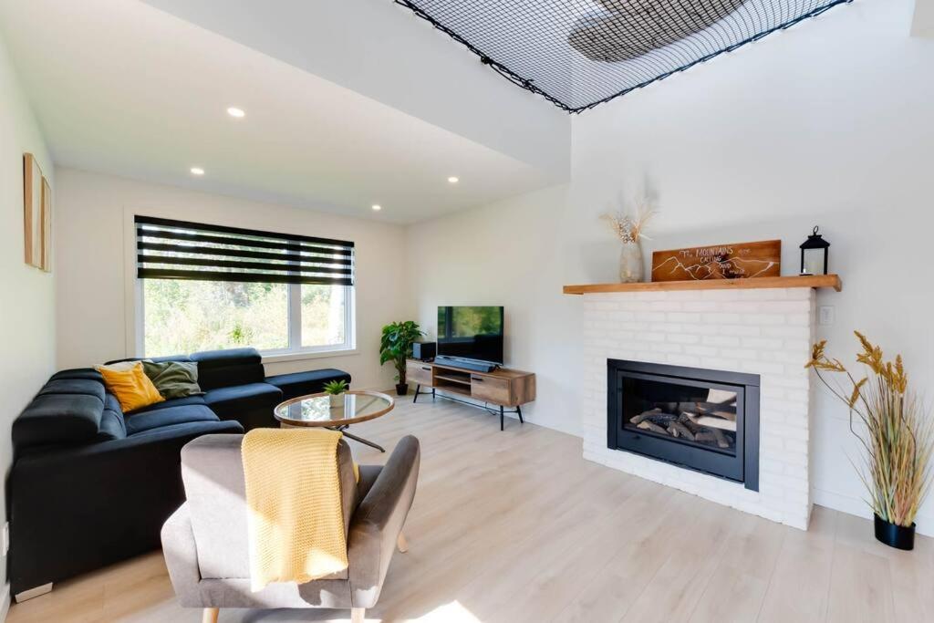 Una sala de estar con un sofá y una chimenea. en Koselig 854 - 3 chambres - 8 personnes, en Saint-Férréol-les-Neiges
