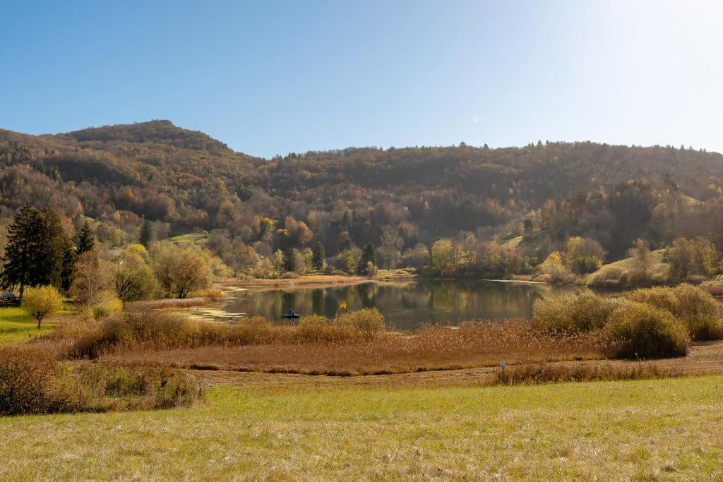 un lac dans un champ avec une montagne en arrière-plan dans l'établissement Chalet 6 à 8 pers au bord du lac, à La Thuile