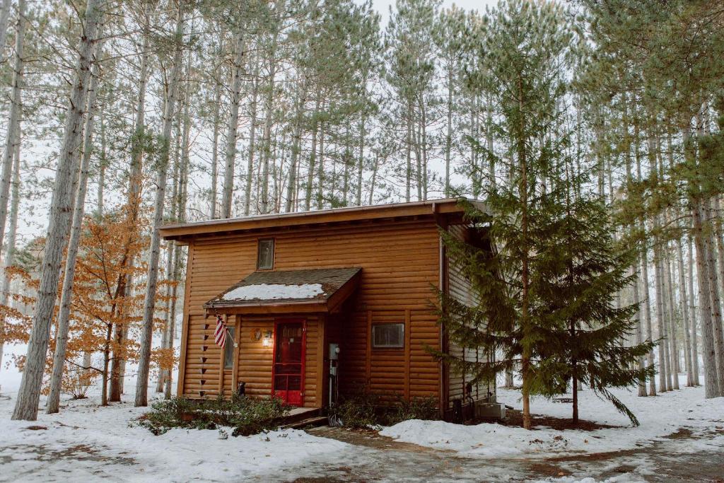 a log cabin in the woods in the snow at Private Cabin-Shuttle Pass Included! in Thompsonville