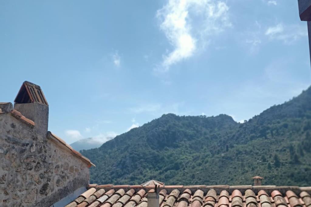 le toit d'un bâtiment avec des montagnes en arrière-plan dans l'établissement Le nid douillet au cœur du village, à Sainte-Agnès