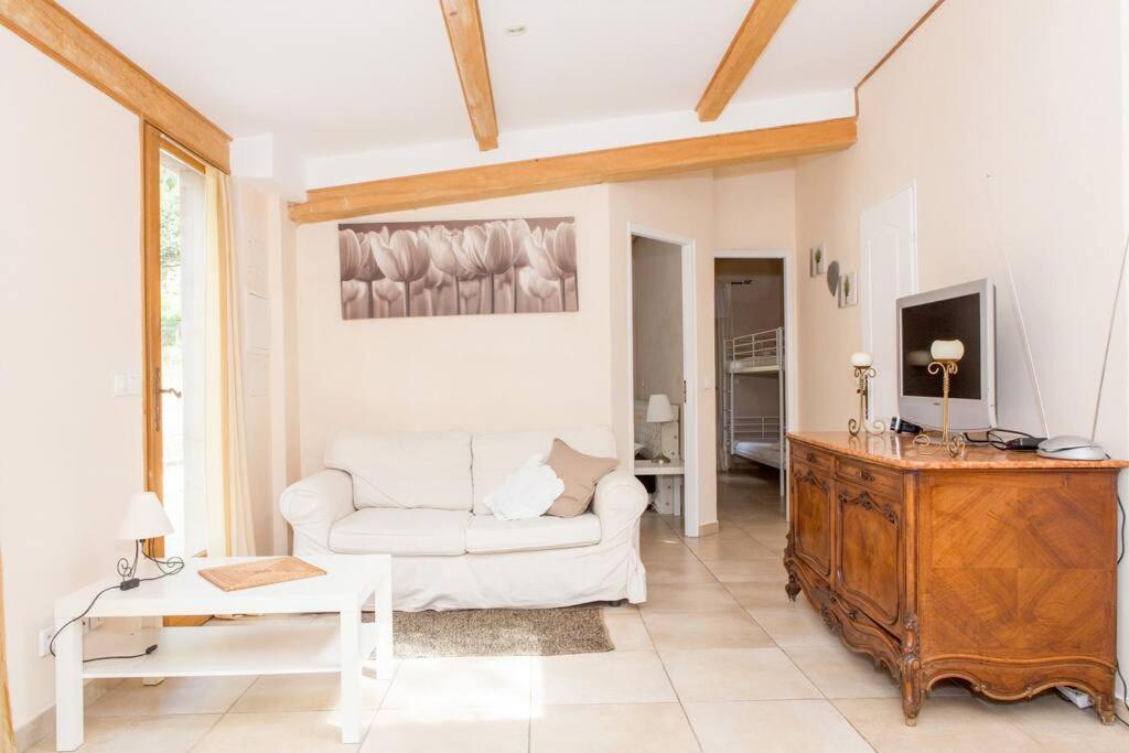 un salon avec un canapé blanc et une télévision dans l'établissement La petite maison des pins, à La Roquette-sur-Siagne