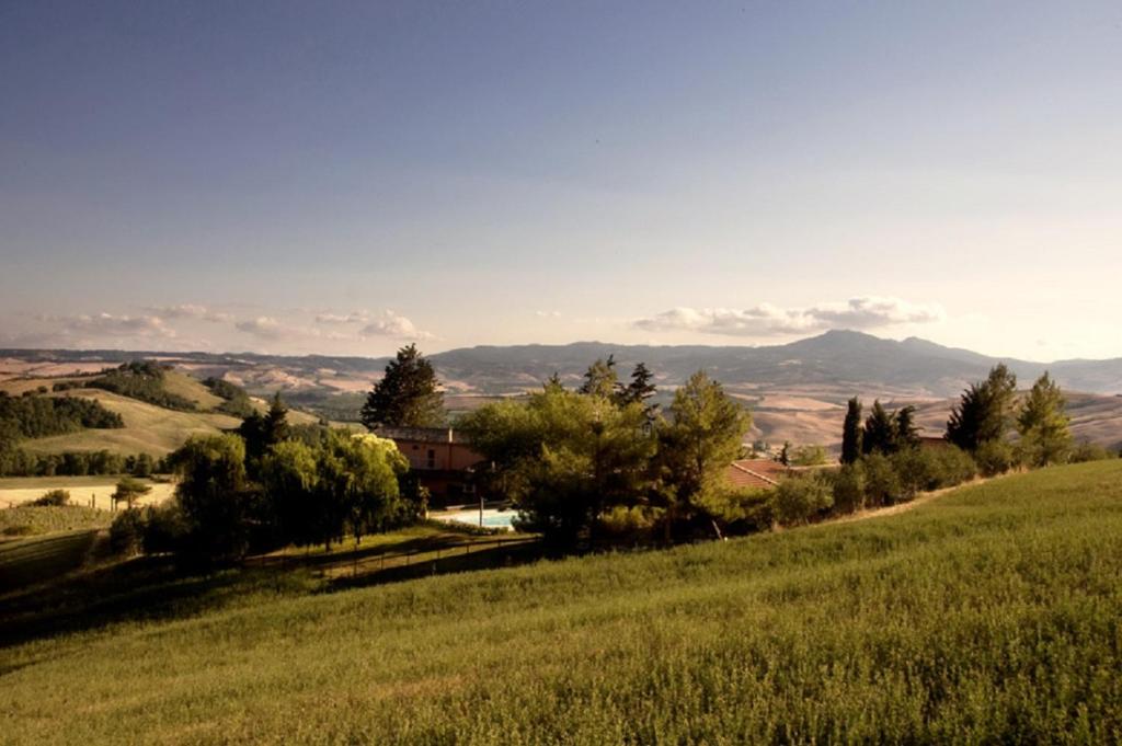 een groen veld met een huis in de verte bij Podere Assolatina Agriturismo in San Casciano dei Bagni