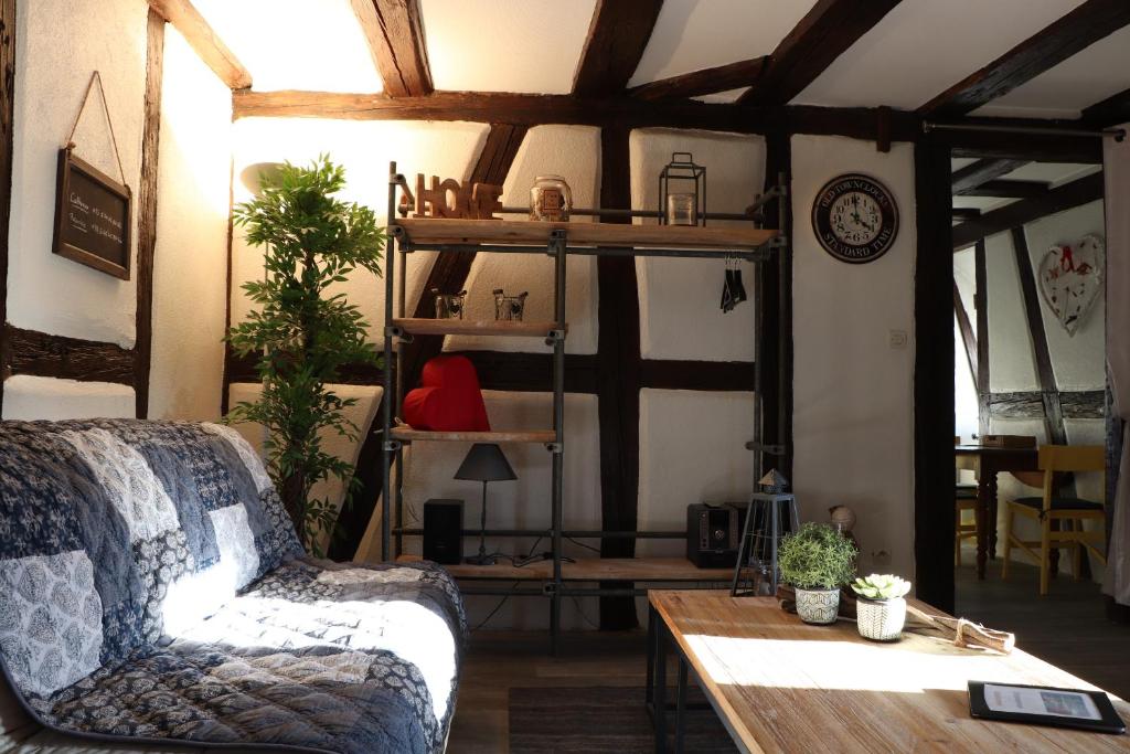 a living room with a couch and a table at Sous les toits du Zinc - Climatisé in Colmar