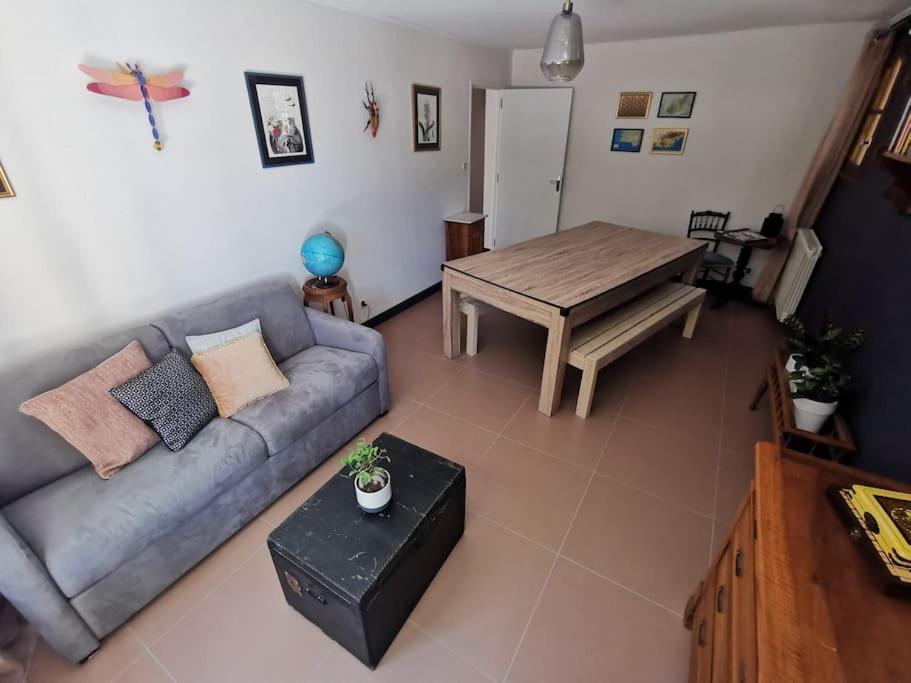 un salon avec un canapé et une table dans l'établissement Appartement au calme avec piscine & salle de sport, à Saint-Julien