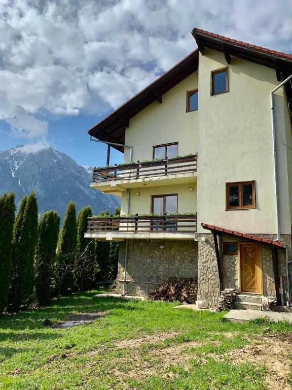 a house on a hill with mountains in the background at Casa di Panico in Buşteni