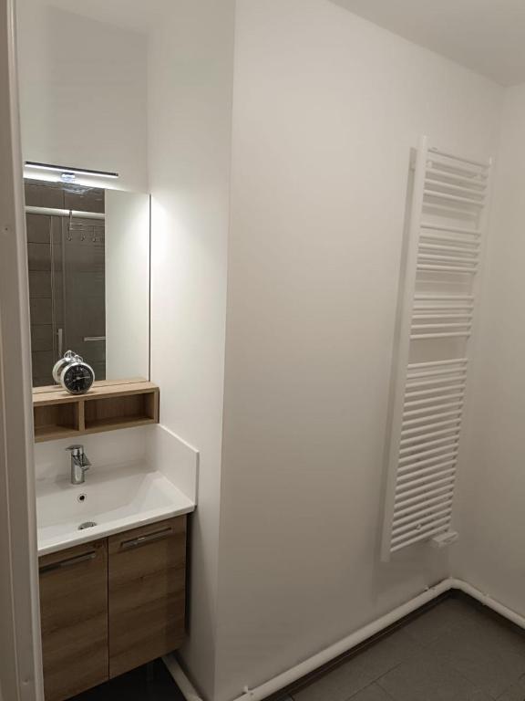 une salle de bain blanche avec un lavabo et un miroir dans l'établissement Bel appartement disponible, à Conflans-Sainte-Honorine