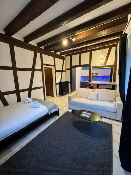un salon avec deux lits et un canapé dans l'établissement Suite Schwendi - L'Authentique - en Hypercentre, à Colmar